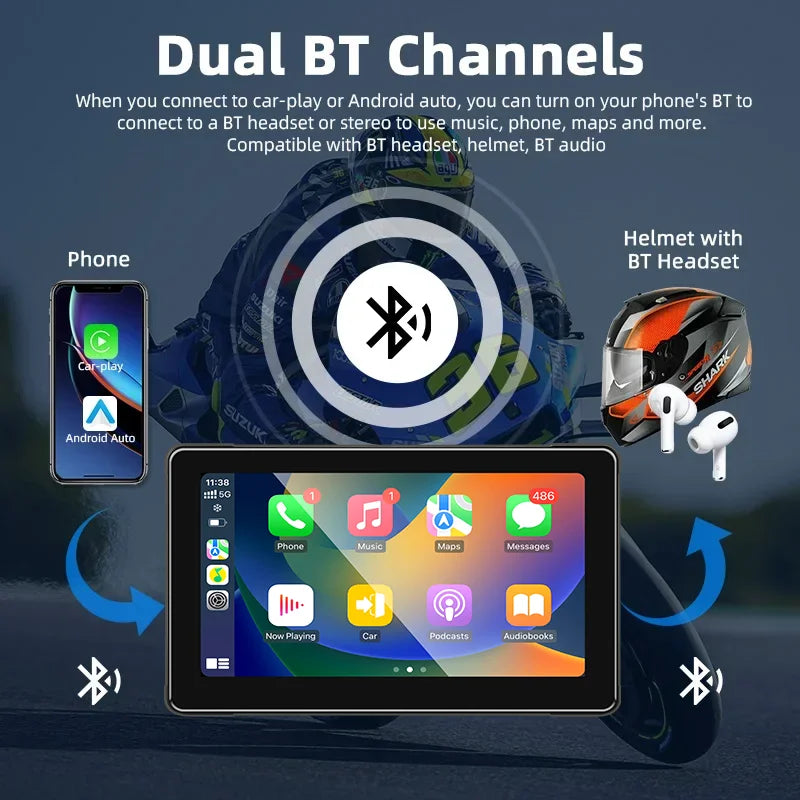 Srnubi 7 inch Portable Motorcycle DVR LCD Display GPS IPX7 Waterproof For Wireless Apple CarPlay Android Auto Airplay Monitor