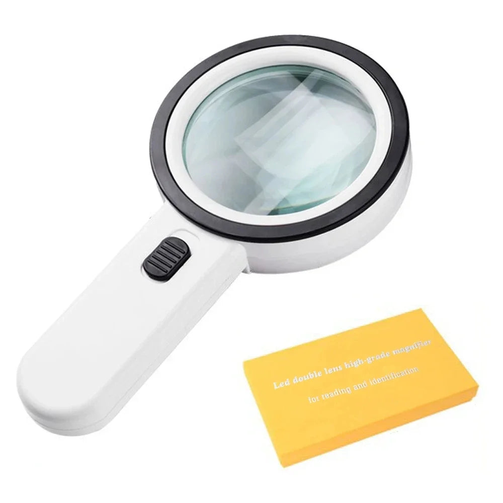 30X Handheld Illuminated Magnifying Glass with 12 LED Lights Reading Magnifier for Seniors Coins Insect Inspection Jewelry Loupe