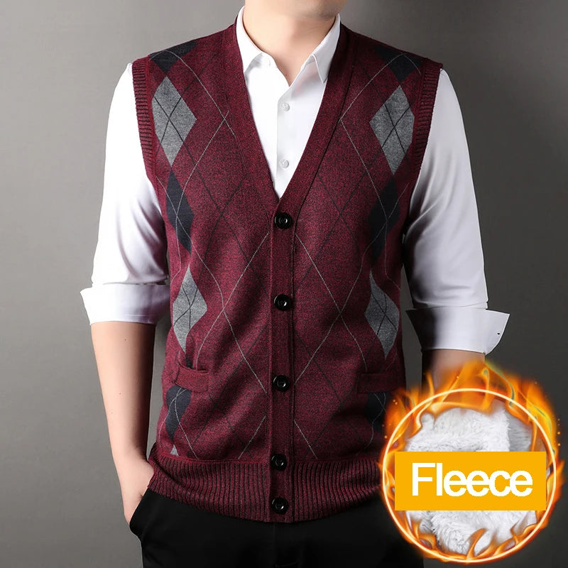 Autumn Winter Men's Sweater Vest Casual Sleeveless Knit Jackets Men Fashion Plaid V-neck Cardigans Man Clothes Knitted Waistcoat