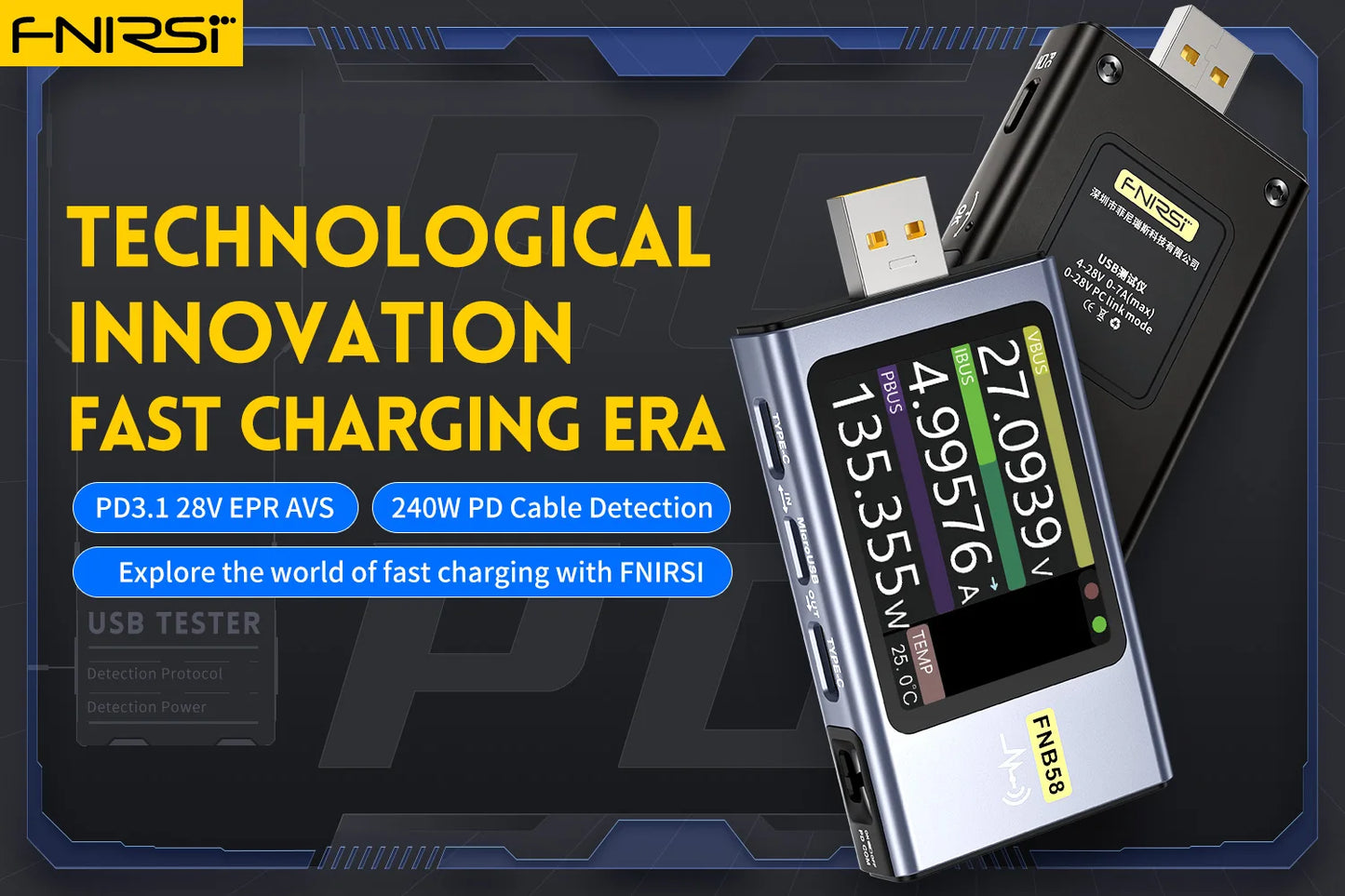 FNIRSI-FNB58 USB Battery Tester Voltmeter Ammeter TYPE-C Fast Charge Detection Trigger Capacity Measurement Ripple Measurement