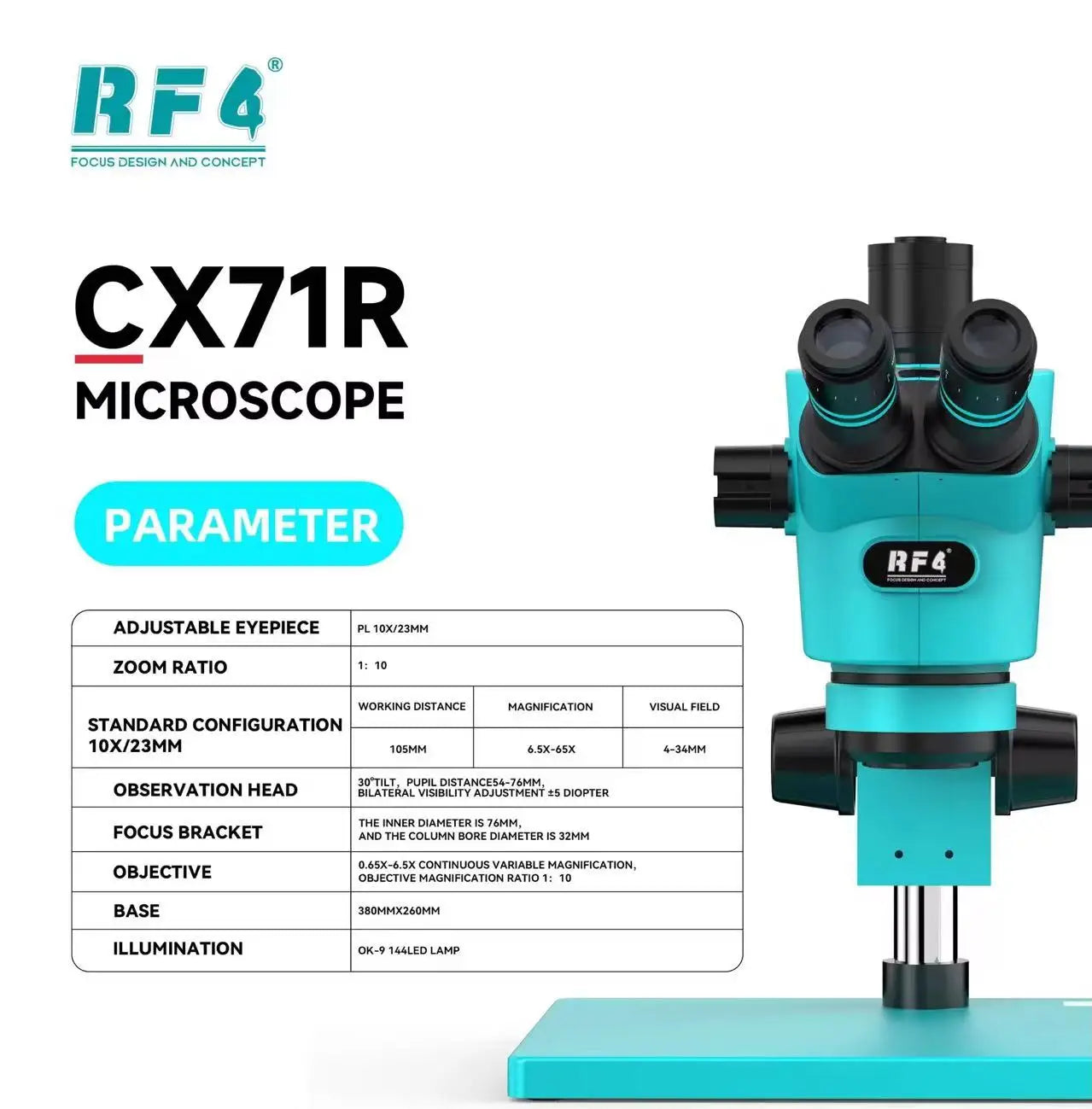 RF4 CX71R New Focus Trinocular Stereo Microscope 6.5x-65x 30°C Ergonomic Design 10X/23MM Eyepice for Phone Soldering PCB Repair
