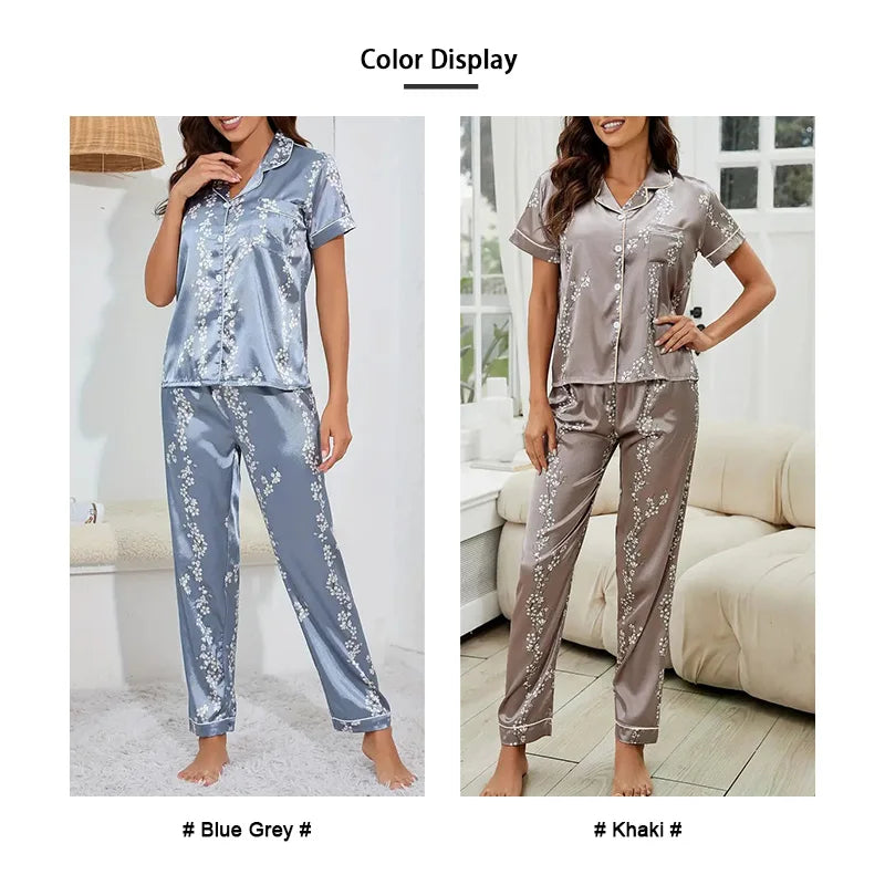 Women's Pajama Set Autumn Short Sleeve Sleepwear Turn-down Collar Tops & Elastic Waistband Pants Pyjama Home Clothing Loungewear