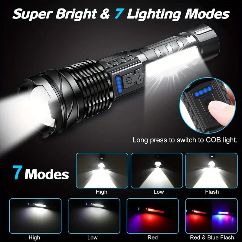 XHP50 High Power LED Flashlight Tactical COB Side Light Zoomable Torch Aluminum Alloy USB Rechargeable Waterproof self-defense