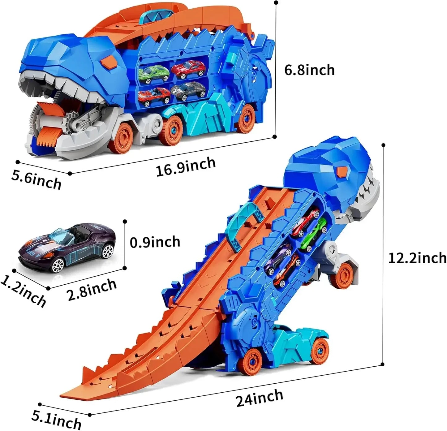 Transport Dinosaur Truck with Foldable Sliding Race Track Transforms into Standing T-rex Best DIY Birthday Gifts Toys Boys Girls