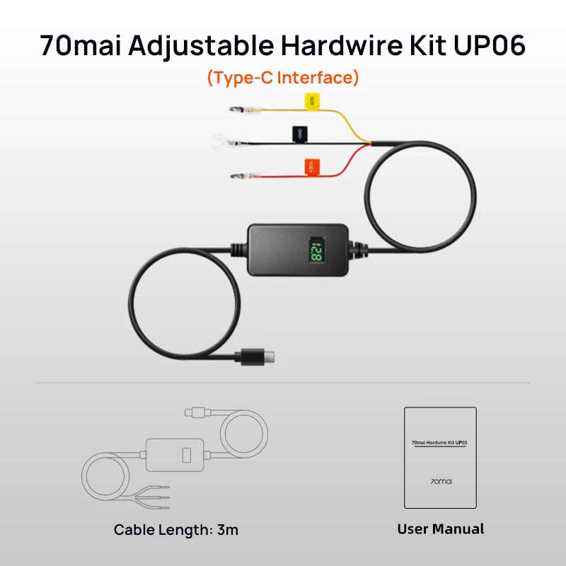 70mai Hardwire Kit UP06 Adjustable 70mai UP03 Parking Hardwire Kit Type-C Interface 24H Parking Surveillance Cable 70mai UP06