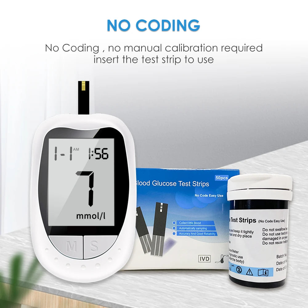 AJC Blood Glucose Meter Glucometer Kit Code Free Diabetes Test 50/100pcs Strips With Lancets Medical Blood Sugar Mg/mmol