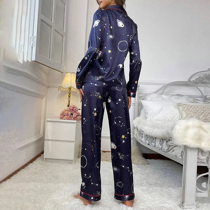 Women's Pajama Lounge Set Satin Long Sleeve Buttons Lapel Top and Pants Pajamas 2 Piece Sets Autumn Lady Sleepwear Home Clothing