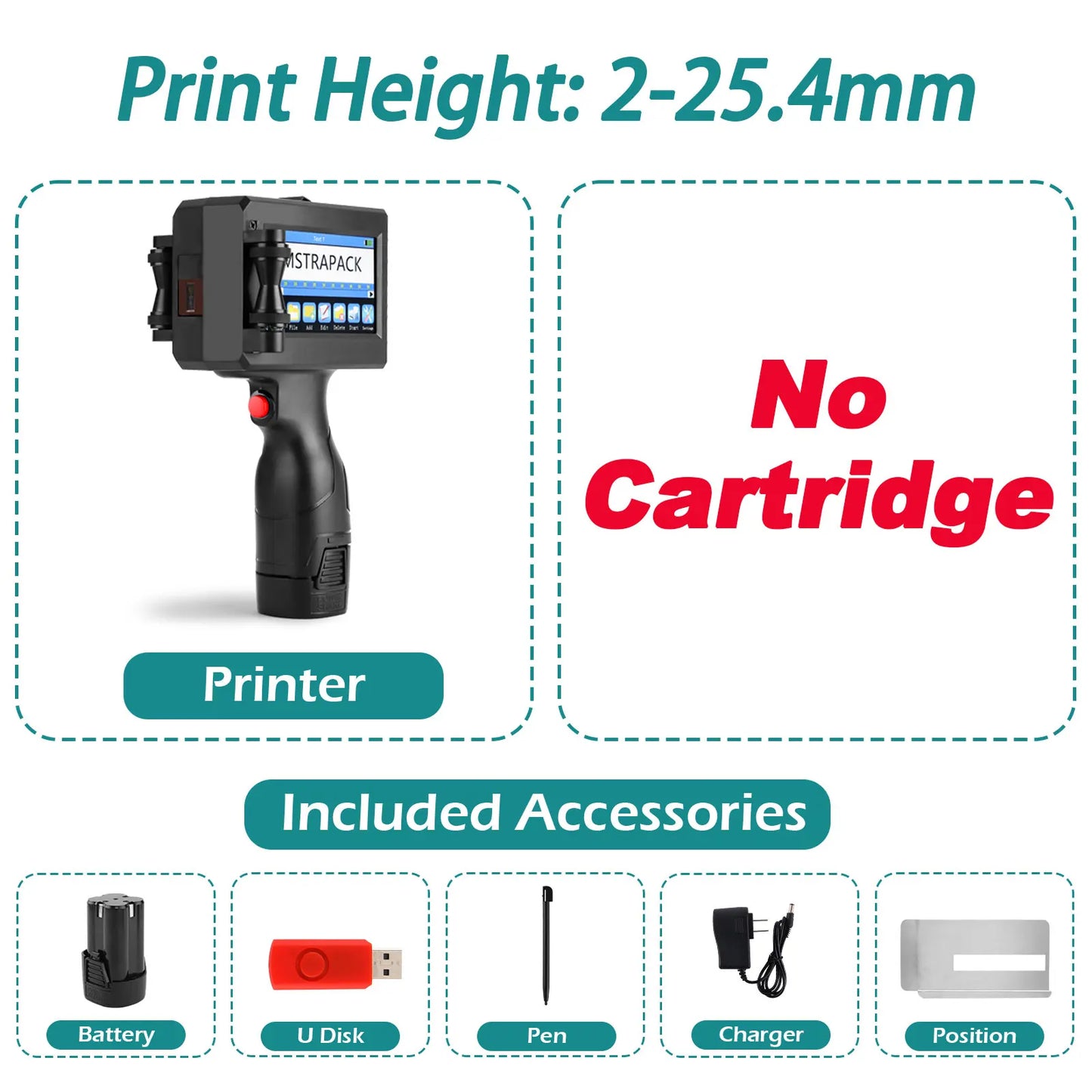 Non-encrypted Handheld Inkjet Printer Gun  12.7mm with Fast-Drying Ink for Text QR Barcode Batch Number Logo Date Label Printer