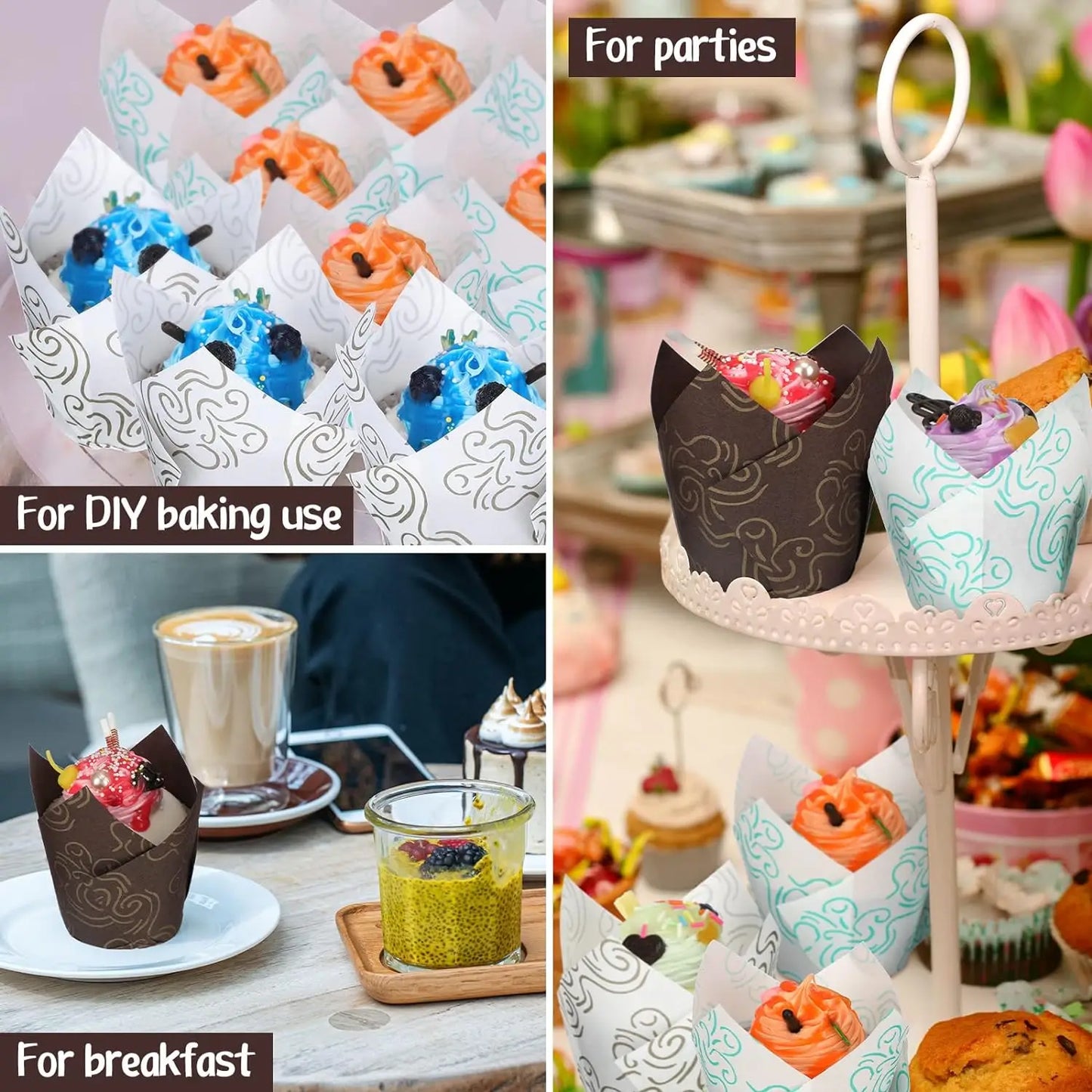 40/100/200Pcs Tulip Cupcake Liners, Muffin Cupcake Paper Wrappers with Gold Print, Baking Cup Holder for Wedding, Birthday
