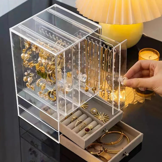 A clear earring and necklace display case, vintage plastic storage case with drawers for bracelets, rings and accessories