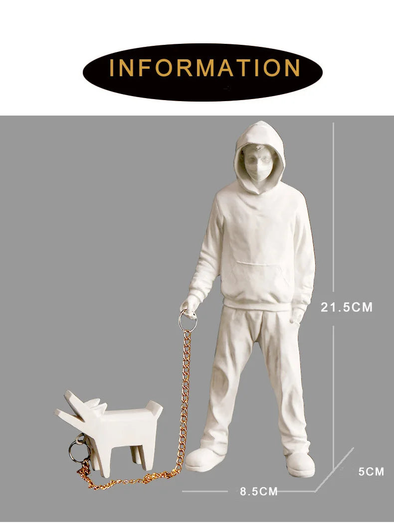 Banksy a trendy man playing with dogs, white fashion toys, art sculptures and ornaments