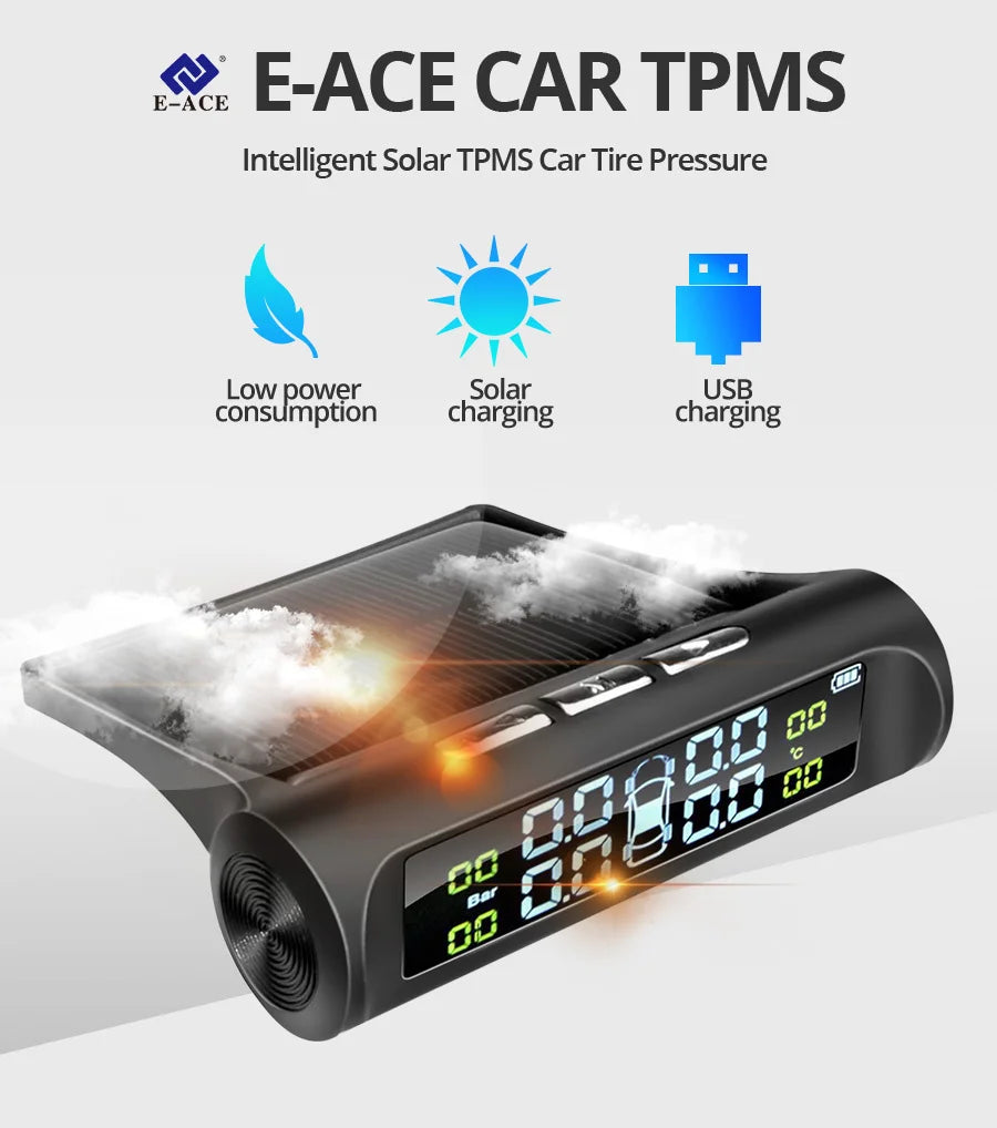 E-ACE K01 TPMS solar sensor intelligence  Wireless Tire Pressure Monitoring System  Auto Security Alarm Device With 4 sensors