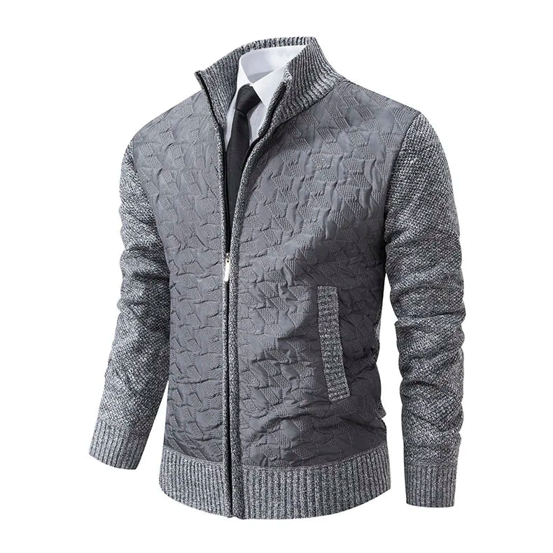 Mens Sweaters Jacket Full Zip Fleeced Sweater Cardigan Plaid Stand Collar Sweaters Coat Autumn Winter Homme Clothes