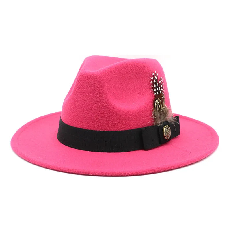 White Woolen Gentleman Classic British Jazz Feather Top Hat Wide Brim Party Church Wedding Fedora Hats Men Women Panama Felt Cap