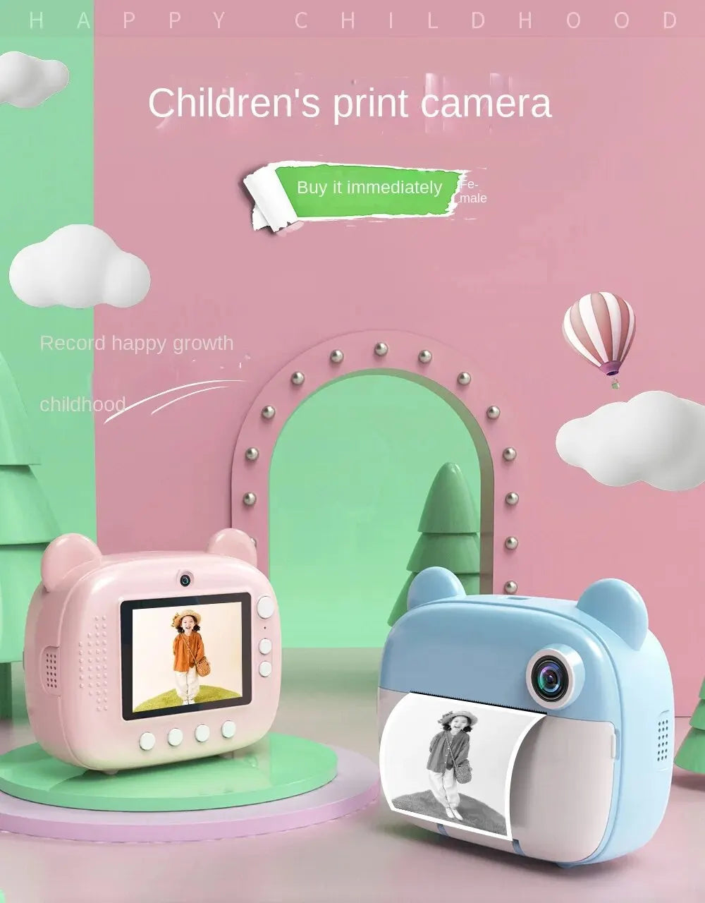 Children's Camera LCD Screen 2.4 Inches Supports 32G Memory Battery Life 1000 MAh Instant Printing Camera Supports Video Games