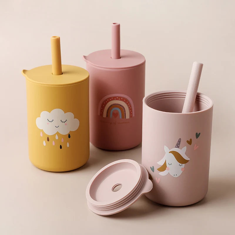 TYRY.HU 1Pc Baby Feeding Straw Cup Baby Cartoon Learning Feeding Cup Food Grade Silicone Toddler Water Bottle Tableware BPA Free