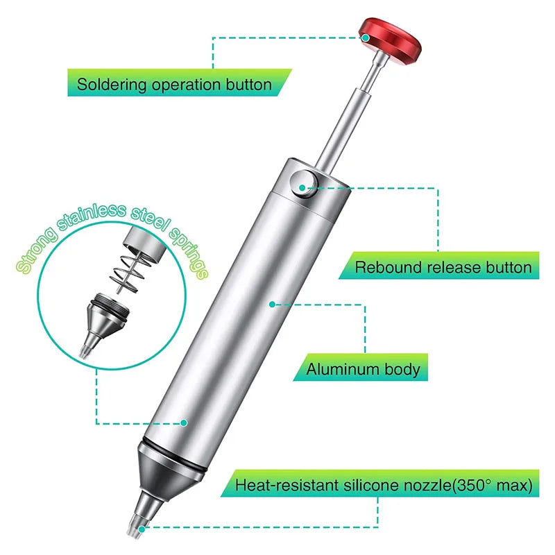 Solder Sucker Non-Clog Desoldering Pump for Removing Solder with Replaceable Heat-Resistant Silicone Tip and Spare Metal Tip