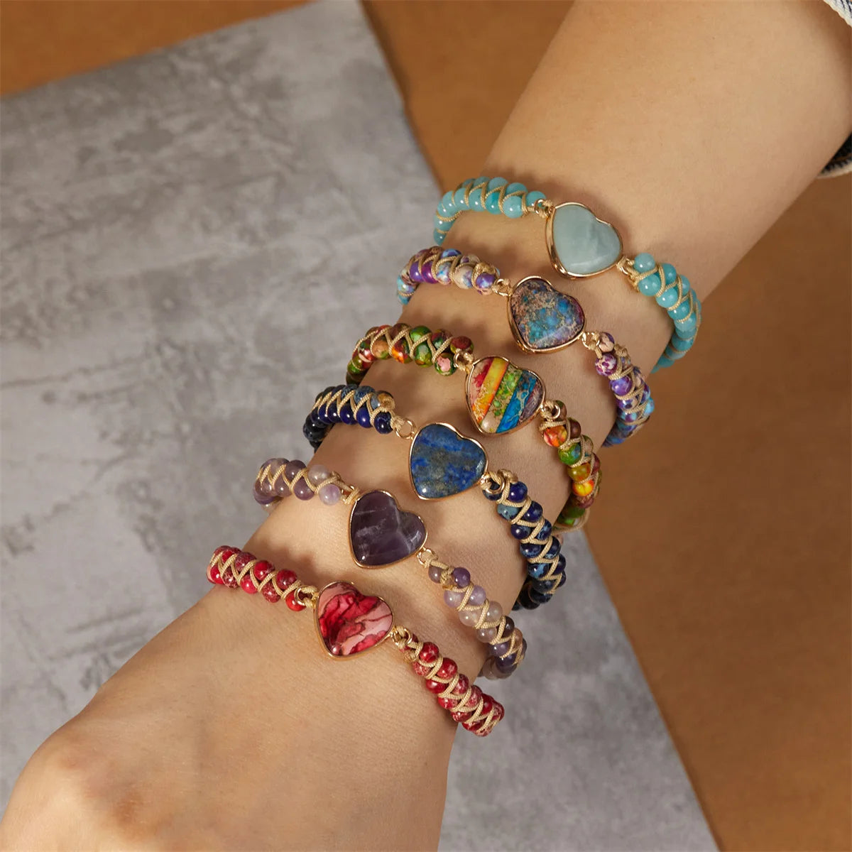 Handmade Natural Stone Bracelet Women Fashion Heart Purple Agates Beads Charm Braided Bracelets Boho Yoga Wrap Bangles Jewelry