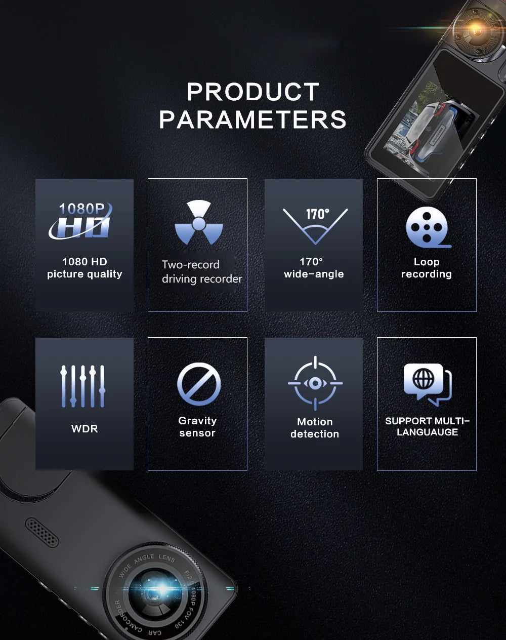 New Car 2-recorder High-definition Night Vision 1080P Car Driving Recorder Suction Cup 2-lens Car Front and inside Video