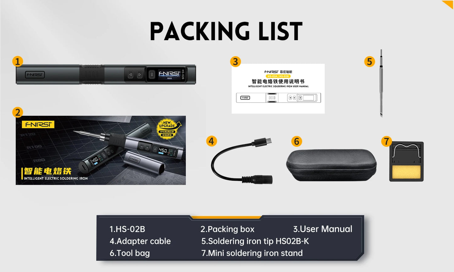 FNIRSI HS-02 Smart Electric Soldering Iron PD 100W Adjustable Constant Temperature Fast Heat Portable Soldering Iron Station Kit