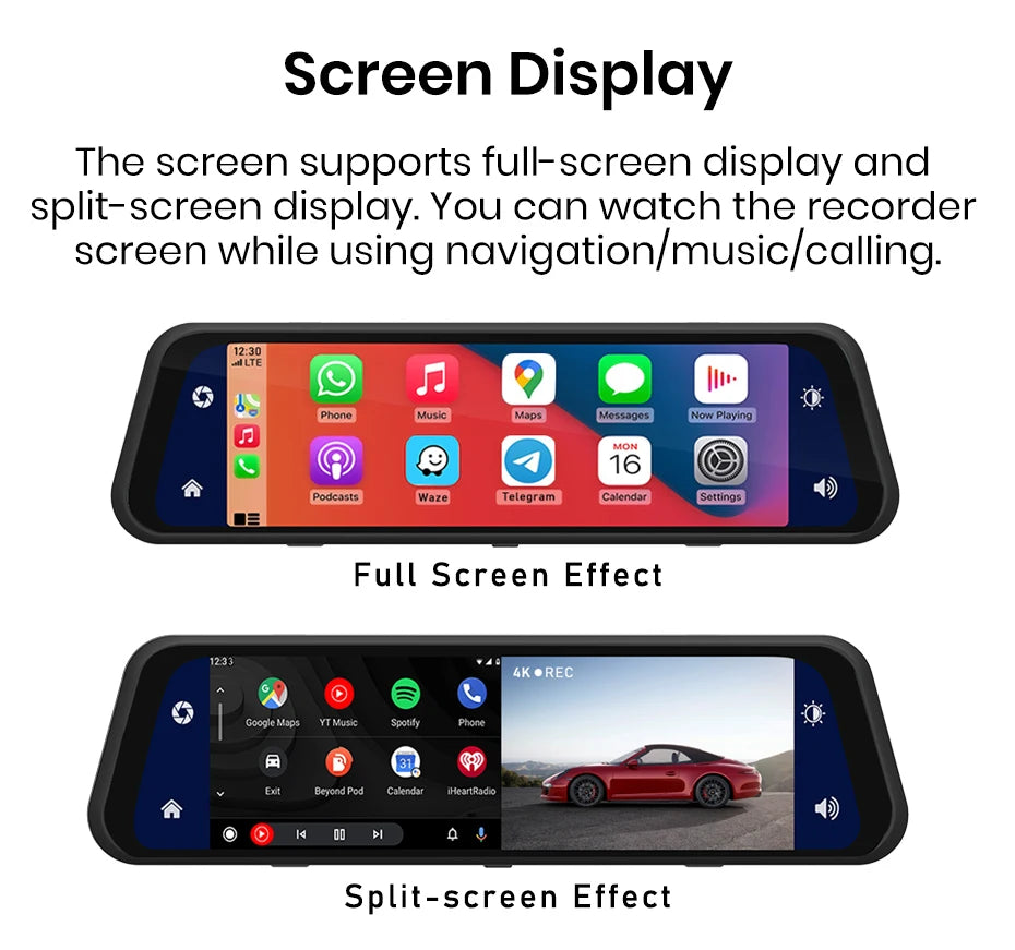 10 Inch 4K 2160P Car DVR Carplay Android Auto 5G WIFI GPS Dash Cam BT FM Dashcam Camera Stream RearView Mirror Drive Recorder