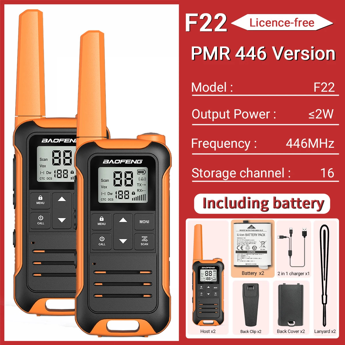 2pcs Baofeng F22 Mini Walkie Talkie PMR FRS Long Range Rechargable Portable Kids Two Way Radio Type-C Charger for Camping Trip