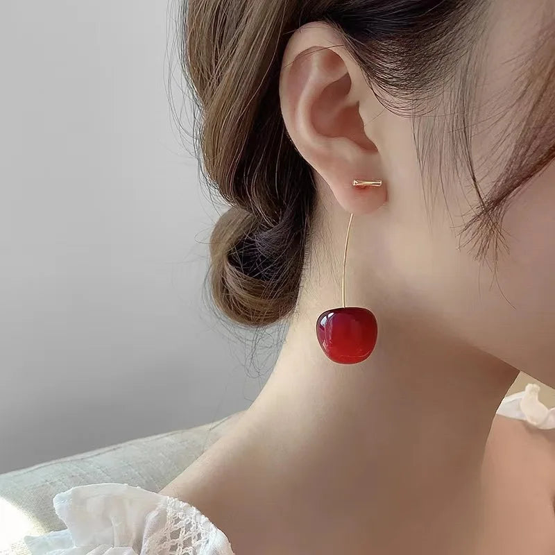 2024 New Cute Temperament Cherry Drop Earrings Women Korean Classic Style Earrings Fashion New Year Jewelry Christmas Gifts