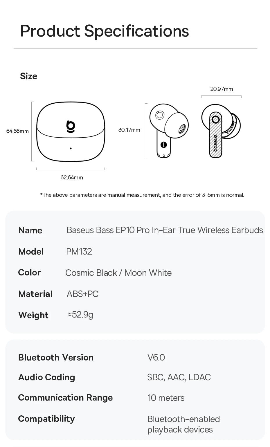 Baseus EP10 Pro ANC Earphones Wireless Bluetooth 6.0 50dB Realtime Adaptive ANC Headphones 6 Mic in-Ear Earbuds Hi-Res LDAC IP55