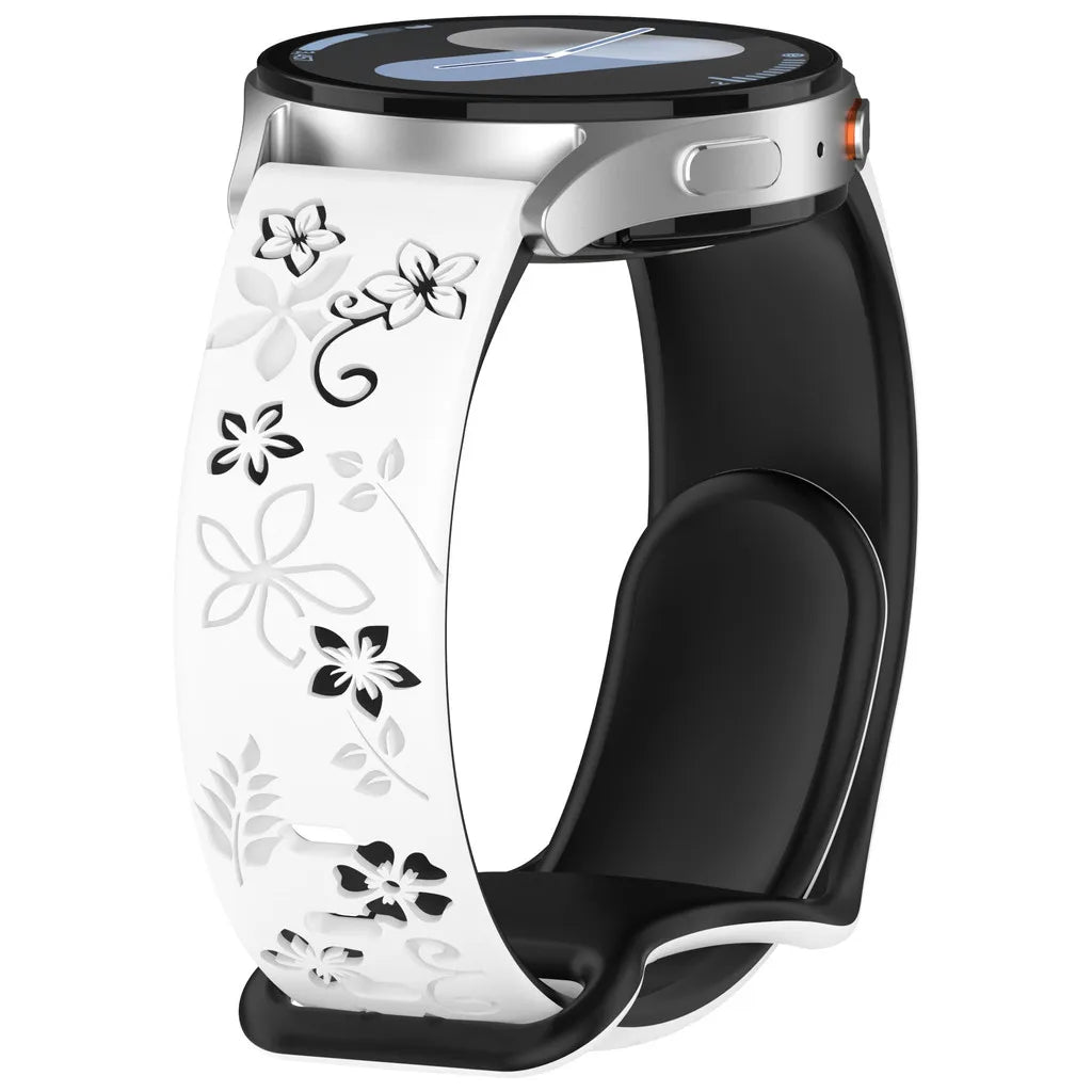 Two-color Flower Design Floral Engraved Silicone Strap 18/20/22mm, For Amazfit GTR, Huawei,Garmin Samsung Galaxy Watch 7 6 5 4