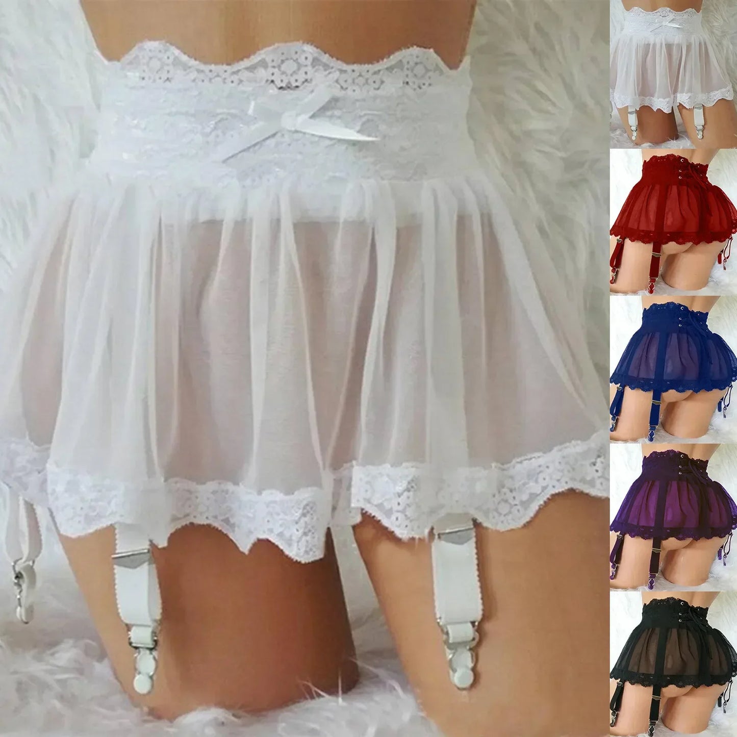 Women High Waist Lace Bandage Sexy Mini Skirt Garter Belt Adjustable Short Dress With Four-Breasted Ladies Lingerie Stockings