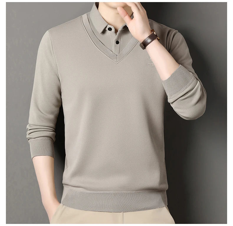 Men's Winter Sweater Velvet Pullover Solid Color Slim Fit Elegant Luxury Brand Knitwear Fake Two Pieces Knitted Sweaters