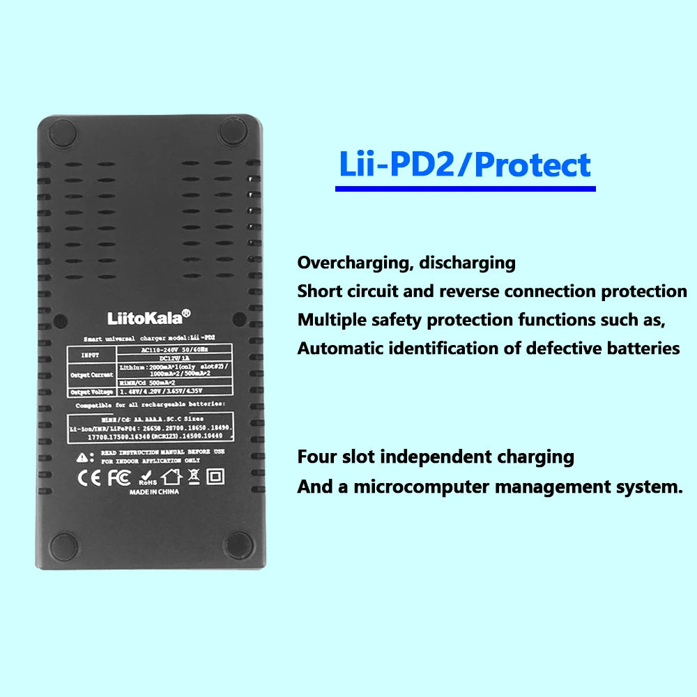 LiitoKala Lii-PD2 18650 Battery Charger for 3.7V Li-ion 18650/18500/16340/26650/21700 /20700/18350/CR123A 1.2V Battery+Car