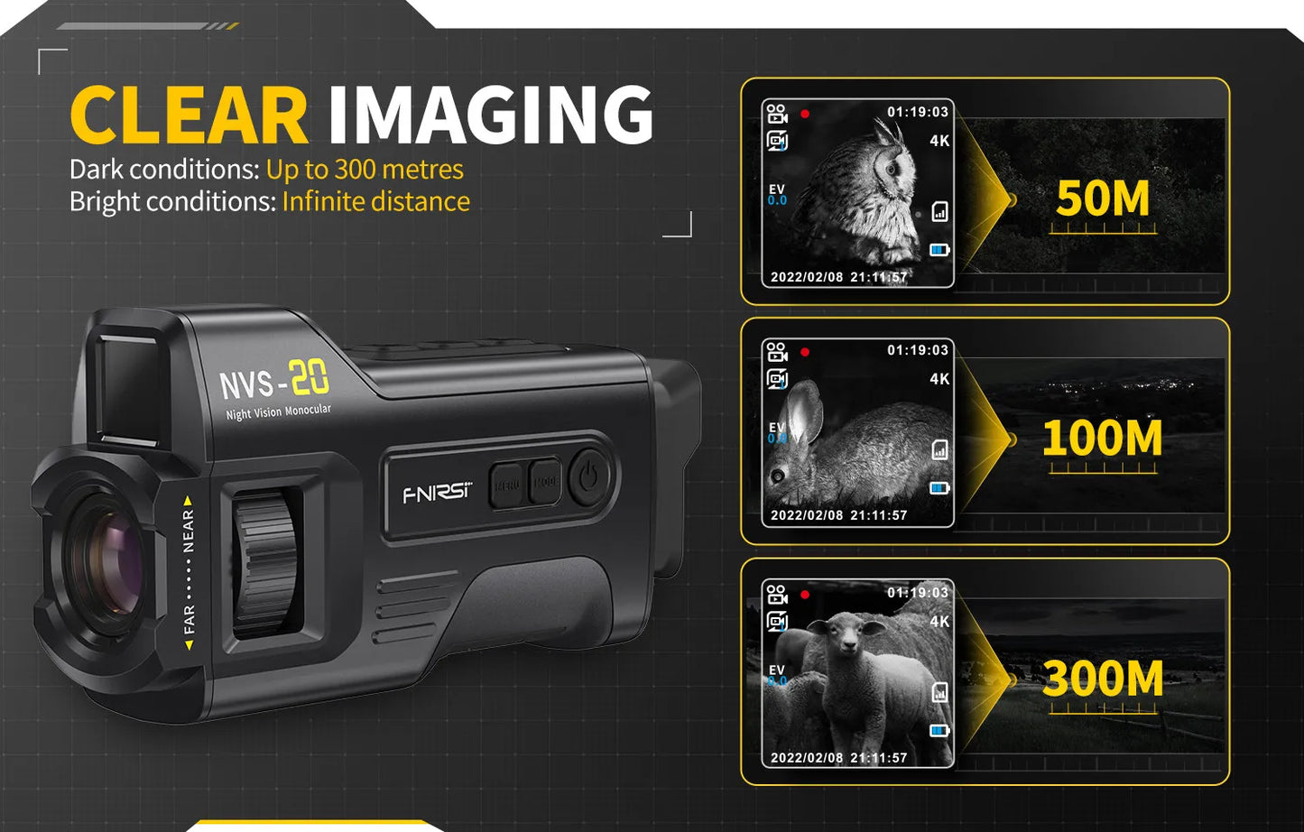 FNIRSI Telescope NVS-20 4K HD Monocular Night Vision Goggles 6X Digital Zoom 300m Hunting Camping Scope Day and Night Dual Use