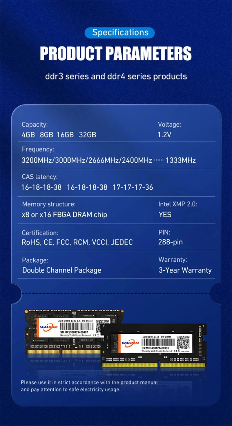 WALRAM Memoria Ram Notebook DDR4 DDR3L 16GB 8GB 4GB 32GB 3200 2666 2400 1600 1333 Sodimm Laptop Memory Ram DDR3L DDR4
