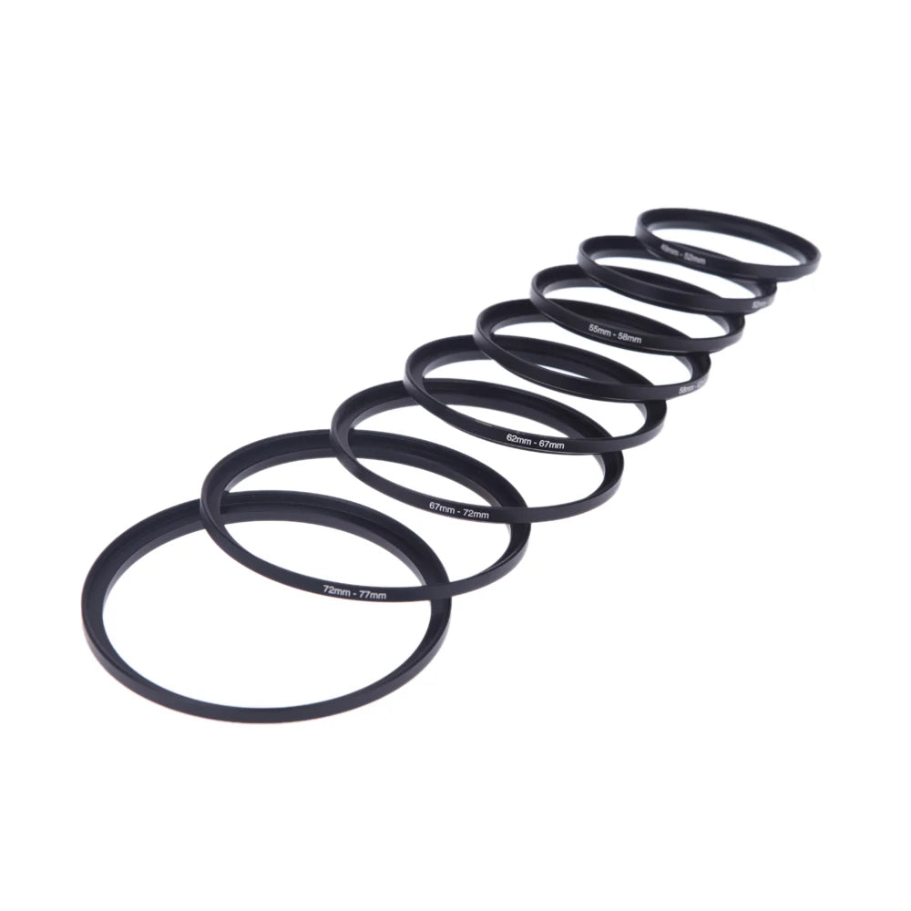 8pcs Filter Step Up Rings Adapter 49-52-55-58-62-67-72-77-82mm 49mm-82mm Step-up Ring Anodized Aluminum Material as Lens Hood