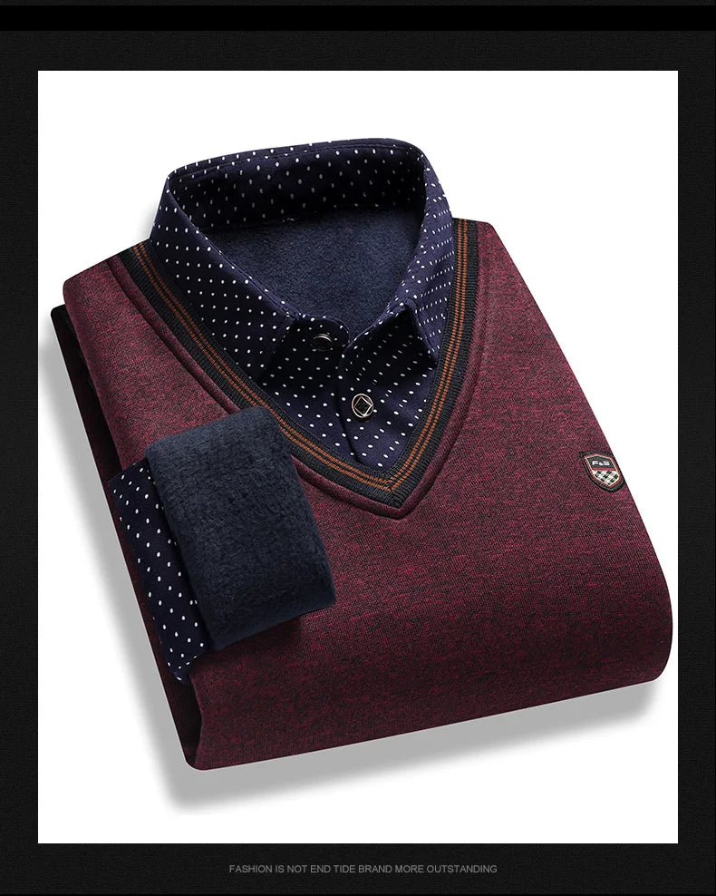 Men's Plush Sweater Autumn Winter Fake Two Piece Pullover Polo Shirt Collar Fleece Thick Warm Top Clothes Casual Jumpers