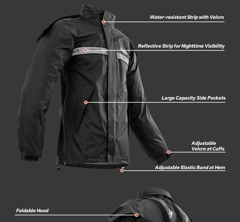 Men Women VEMAR Motorcycle Rain Suit - Heavy Duty Waterproof Jacket & Pants Set for Delivery Riders/Moto/Bike Riding