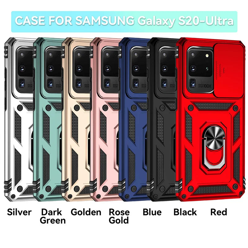 Silde Lens Armor Shockproof Phone Case For Samsung Galaxy S20 Ultra S20 Plus S 20 FE S20+ Magnetic Car Holder Ring Protect Cover