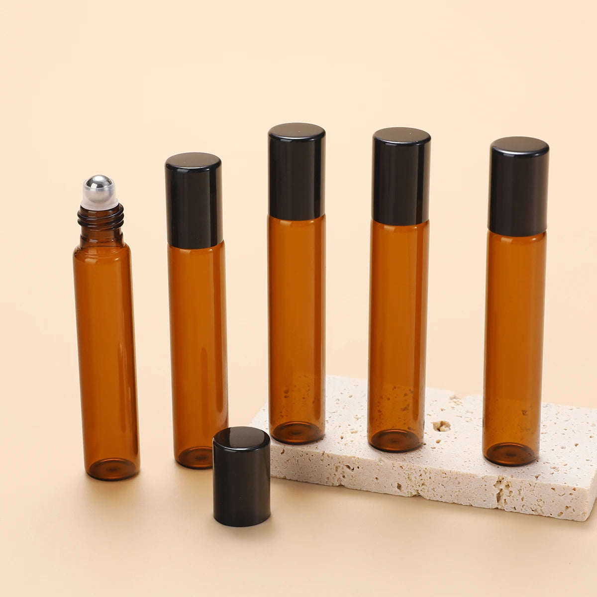 5 Refillable Glass Essential Oil Bottles, Amber Glass Bottle Rollerball Perfume Bottle, Stainless Steel Ball Hollow Travel Rolle