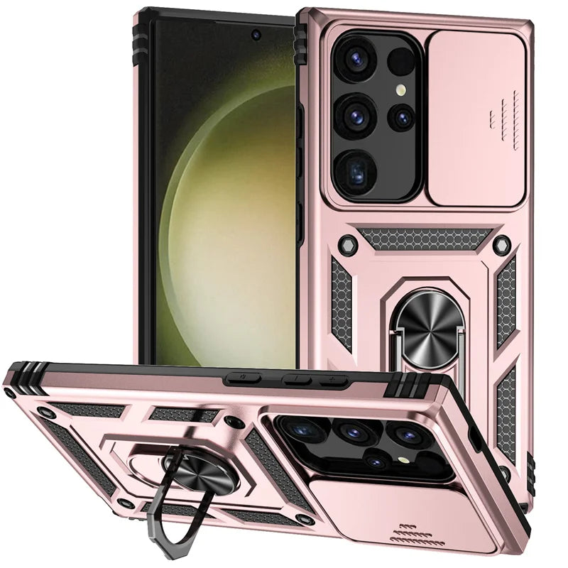 Armor Magnetic Bracket Case for Samsung S25 S24 S23 S22 S21 S20 Note 20 Ultra S10 Plus Slide Camera Protection Shockproof Cover