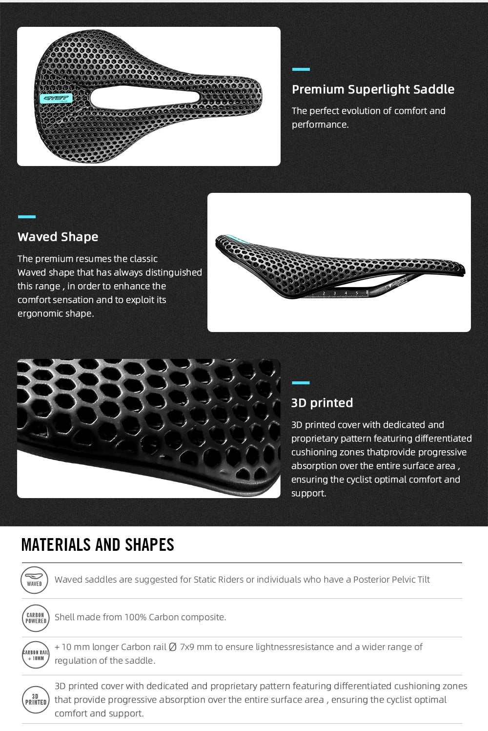 RYET 3D Printed Bike Carbon Saddle 140mm 143mm Super Light Road MTB Racing 3D/EVA  Saddles Bicycle Cushion Cycling Seating Part