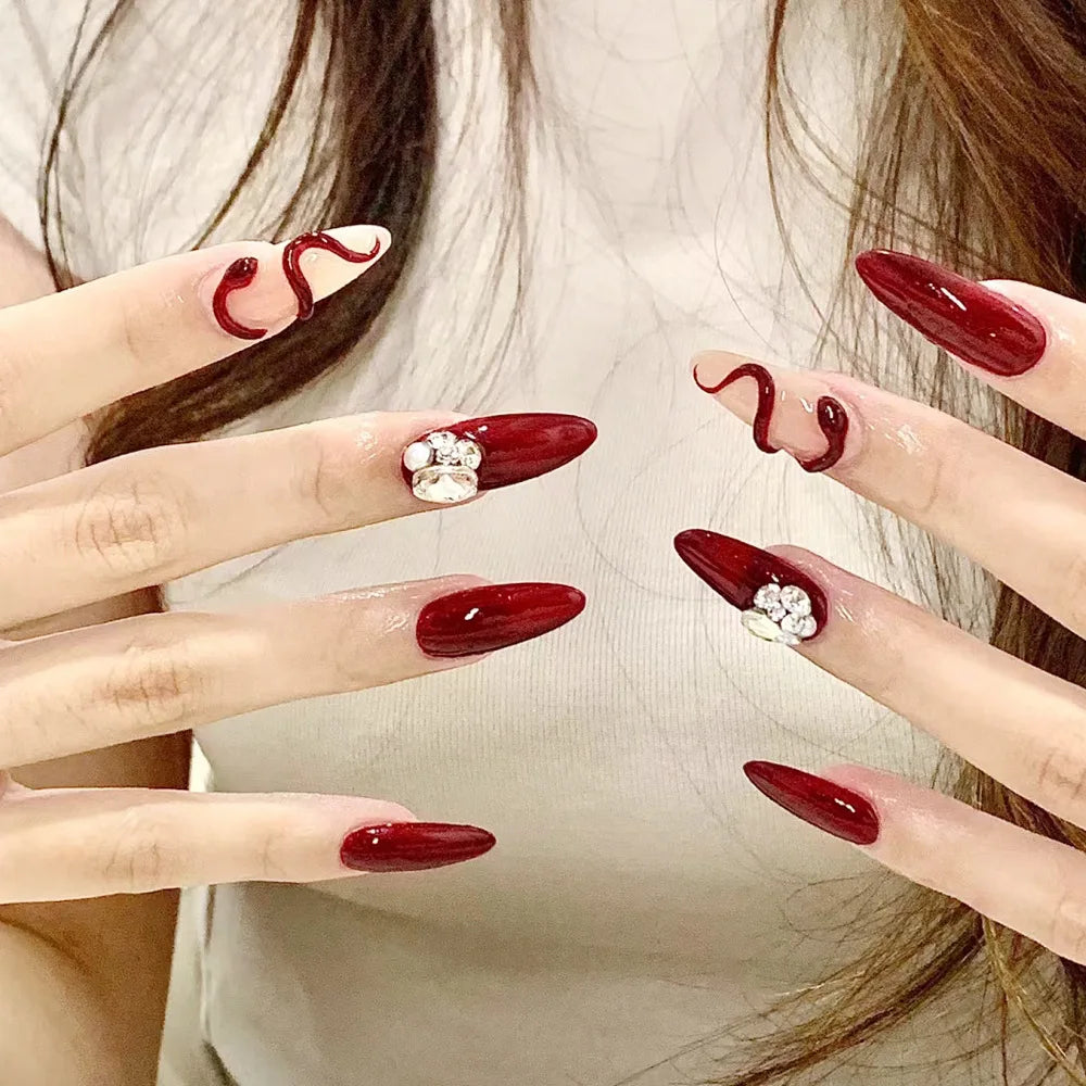 24Pcs Mid-length French Round Head Press on Fake Nails with Cat's Eye Design False Nails Rhinestone Reusable Full Cover Nail Tip