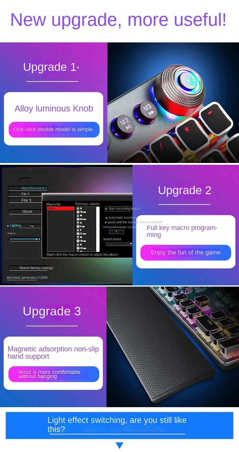 F2088 Mechanical Gaming Keyboard Anti-ghosting 104 Plating Blue Switch Wired Mixed Backlit Keyborad for Game Laptop PC