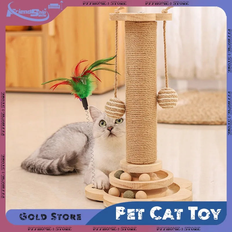 Durable Sisal Cat Scratcher Turntable with Funny Stick Balls Solid Wood Cat Toy Scratching Board Pet Supplies Climbing Frame