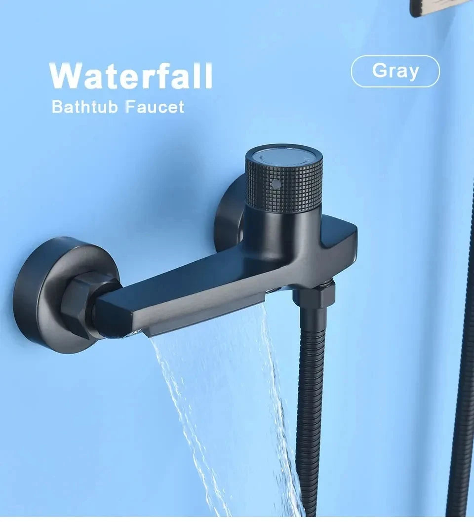 Gray Waterfall Bathtub Faucet With Hand Shower Brass Chrome Wall Mounted Bathroom Shower Mixer Tap Full Shower system Set