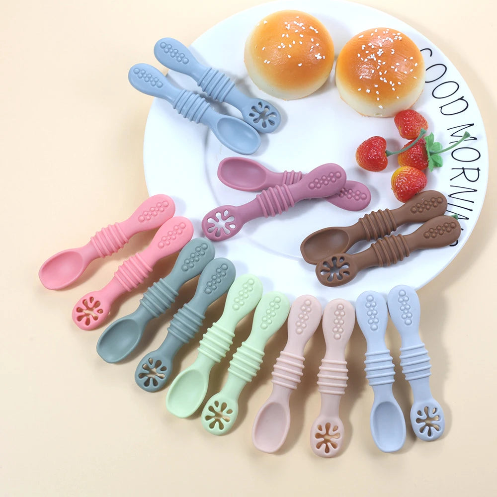 2PCS Cute Baby Learning Spoons Utensils Set Food Grade Silicone Sticky Spoon Children Cutlery Training Spoon Feeding Tableware