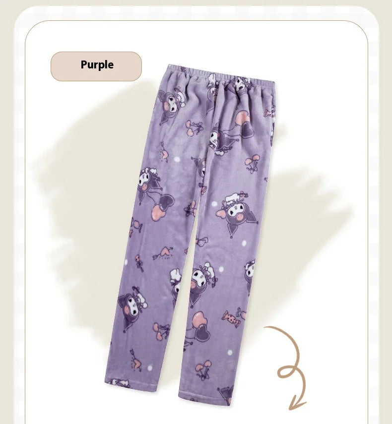 Miniso Hello Kitty Kuromi Sleeper Pants With Flannel Thick Fleece For Warmth Casual Cute Cartoon Pattern Girl Christmas Clothing