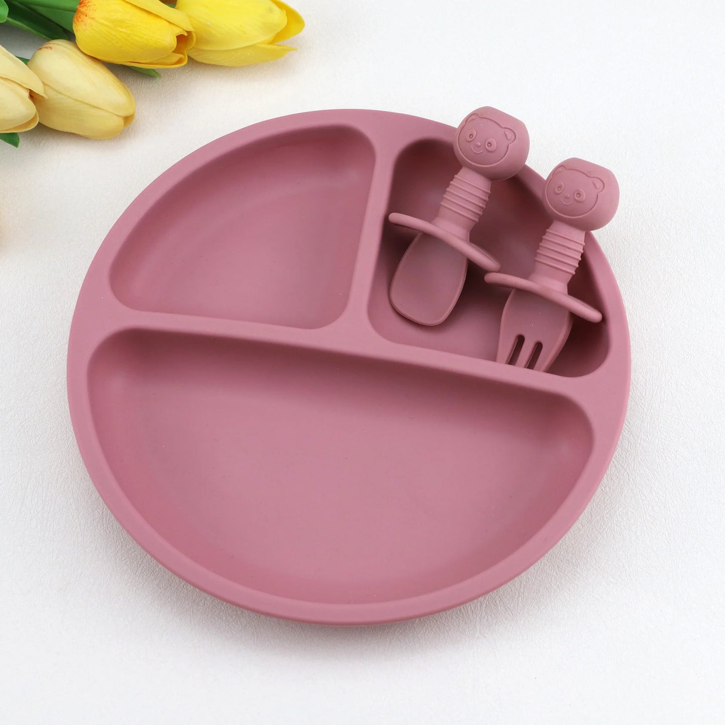 3pcs baby silicone tableware set, complementary food feeding plate, strong suction, cartoon short spoon fork, easy to grip