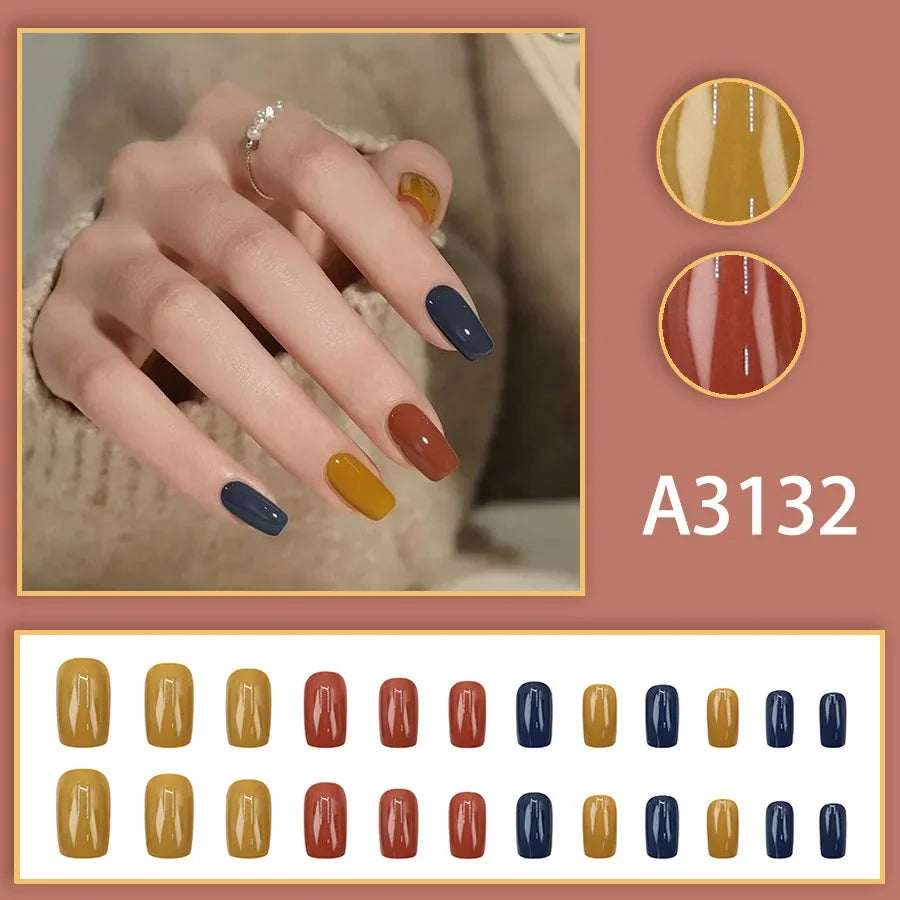Watercolor Rose Fake Nail with Jelly sticker Press on False Nails Wearable Round Head Oval Full Cover Nail Tips
