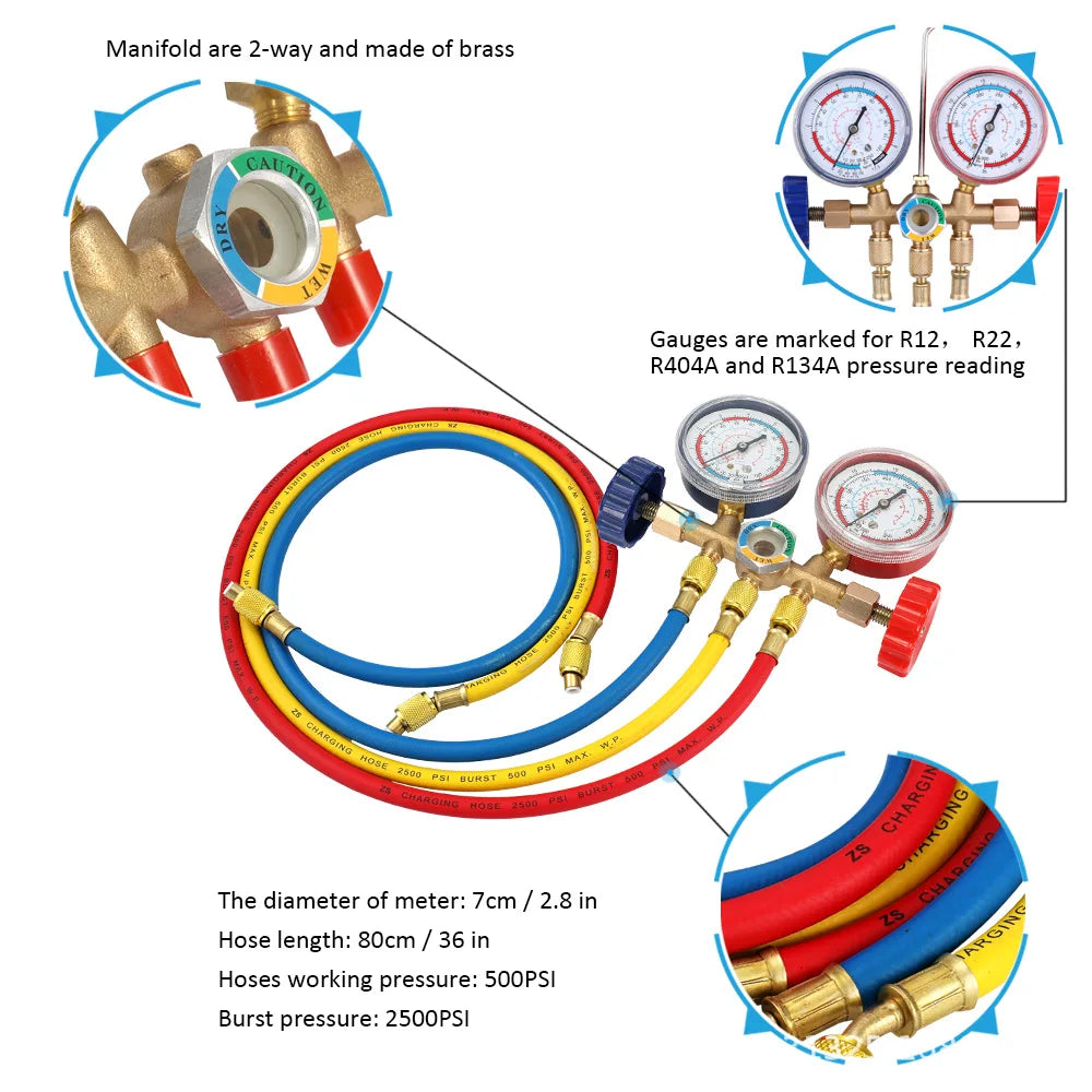 2024 Air Condition Gauge for R12 R22 R-404A R-134a Refrigerants, Manifold Gauge Manometer Valve 500psi with Visual Mirror